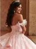 Lavanta 2021 Quinceanera Elbiseler Omuz Dantel Aplike Çiçek Tatlı 16 Elbise Pageant Törenlerinde Vestidos De 15 Años