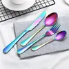 4 sztuk / zestaw sztućce ze stali nierdzewnej ze stali nierdzewnej Silver Rainbow Plated Restauracja Obiadowa Nóż Widelec Kit Spoon Zestaw Flatware