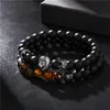 Charm Armband 2pcset Fashion Lion Crown Black Frosted Stone Bead Armband Men Classic Matte For Pave Cz Jewelry Gift4626319