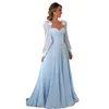 Szyfonowe Pióro Suknie Wieczorowe 2022 Linia Z Długim Rękawem Lekkie Niebo Niebieskie Prom Party Suknie Plus Size 3D Kwiatowy Arabski Kobiety Formalne zużycie