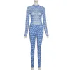 Women's Two Piece Pants Woven Print Tracksuit Women Sexy Sheer Mesh Long Sleeve Bodysuit Top + Bodycon Night Club Party Set Outfits