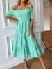 Off Shoulder Frill Trim Shirred Bodice Dress SHE