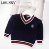 Jesień Zima 2021 Baby Boys Sweter Dzieci Dzianiny Ubrania Dla Dzieci Sweter Jumper Toddler Boy V-Neck Stripe Haft 0-5Y Y1024