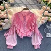 Chiffon Full Shirt Design Lace Ruffled Puff Sleeves Slim Solid O Neck All Match Top Blouse Women 210615