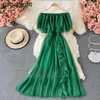 Chiffon Ruffles Solid Dress for Women A Line Slash Neck Fashion Lady Party Bodycon Robe Female Sexy Vestidos 210601