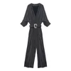 FORSE U Donna Nero Argento Lerux Scollo a V Solid Mezza manica Tuta intera Sash Wrap J0062 210529