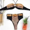 Summer ladies fashion sexy fashion style retro leopard print hanging neck stitched bikini swimwear 210318