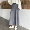 Winter Thickened Rib Knitted Large Swing Maxi Long Skirts Elegant Solid A-line Pleated Ankle Length Knit Coffree Beige 210619