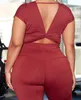 4XL groothandel plus size fitness kleding zomerloungewear vrouwen twee stuk outfits backless korte mouw T-shirt broek 210525