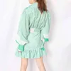 Green Striped Woman Dress sashes stand collar casualcasual bodycon lantern sleeve ruffle dress female autumn winter 210603