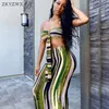 ZKYZWX Green Tie Dye Two Piece Set DrSuit Sexy Club Outfits for Women Rave Vacation Outfits Clubwear Midi Skirt Tube Top X0709