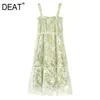 [Deat] sommar mode hög midja ärmlös sling knä längd utskrift nät garn lös elegant klänning kvinnor 13q075 210527