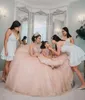 로즈 골드 핑크 스팽글 레이스 Quinceanera 드레스 높은 목 크리스탈 구슬 숄더 볼 가운 vestidos 드레스 드레스 코르셋 뒤로