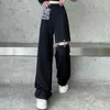 Houzhou Zwart Wide Been Cargo Broek Vrouwen Holle Streetwear Techwear Broek Elastische Taille Patchwork Koreaanse Mode Zomer 211115