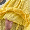 Sexy Hollow Out Spaghetti Strap Long Dress Summer Women Vintage High Waist Deep V-Neck Yellow/Pink/White Beach Robe 2021 New Y0603