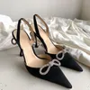 2023 new pointed silk satin high-heeled sandals women's luxury crystal fashion bow decoration cool 9.5 cm high Sexy Wedding Bridal Shoes