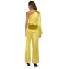 노란색 jumpsuit 여성의 벨벳 우아한 반짝이 rompers 바지 하나 어깨 긴 소매 넓은 바지가 새시 파티 축제 행사 210527