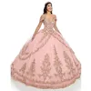 Różowe sukienki Quinceanera Paski spaghetti z ramion Gold Lace Applique Warstwowa spódnica na zamówienie Sweet 16 Suknia balowa 326 326