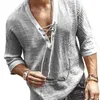 Männer T-Shirts 2022 Aushöhlen Leinen Übergroßen T-shirt Sommer Männlich Sexy Tiefem V-ausschnitt Bandage Männer Kleidung Casual einfarbig Tops