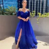 Принцесса Royal Blue Flowers Вечерние платья длинные роскоши 2022 V-образным вырезом Флористическое от плеча Split Prom Prom Prams Tulle Vintage A Line Free