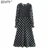 Zevity Femmes Vintage Manches Longues Polka Dot Imprimer Une Ligne Midi Robe Bureau Lady Chic Élastique Patchwork Casual Robe DS4710 210603
