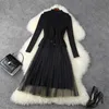 Europa mode herfst winter kleding elegante lange mouw mesh patchwork midi gebreide trui jurken vrouwen femme robe 210601