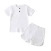 Solid Cotton Kids Pajamas Sets Unisex Boys Clothing Pyjama Trousers Homewear Girls Tops+Shorts Summer Short Sleeve 211105
