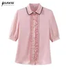 Temperamento profissional meia manga rosa camisa mulheres ruffles moda blusas escritório senhoras funcionamento formal tops 210604