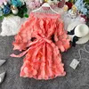 Casual Dresses Sexy Off Shoulder Smocked Bodycon Dress Flower Long Sleeve Women Mini Red Ladies Short Party Club Vestidos LW