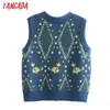 Tangada Women Vintage Blue Floral Pattern Gilet lavorato a maglia con scollo a V Maglione senza maniche Gilet femminile Top 3N31 210609