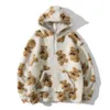 Fleece Hooded Sweatshirts Bear Print Half Zipper Pullover Hoodies Tops Coats Outwear 210811