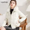 Lagabogy Real Fur Collar Zimowe Kobiety 90% White Duck Down Jacket Panie Krótkie Ciepłe Puffer Płaszcz Kobiet Luźny Vintage Parka 211018