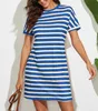 Summer Women Casual Loose Dress Fashion O Neck Short Sleeve Stripe Print Long Tops Female Street Mid-Length T-Shirt Dress Y1006