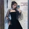 Korea Lace Mesh Vintage Gothic Dresses Full Sleeve Transpanent Strap Fold Pleated Dress Chic Punk Hip Hop Grunge Emo N888 210603