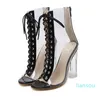 Tamanho de 35 a 42 saltos nus verdes de salto claro transparente PVC Lace up peep dedo peep robusta bootie no tornozelo