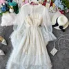 Casual Suknie Hisumy Summer Kobiety O-Neck Flare Rękaw Bling Cekiny Ruffles Chic Dress Lady Lace Up Sashes Elastyczna Slim Siatka Gaza Midi