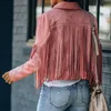 Damesjassen Faux Suede Dames Motorfiets Revers Knappe Jas voor Fall / Winter 2021 Solid Color Frineded Short Coat Vrouw