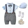 Kleidungssets 6 teile/satz Baby Jungen Baumwolle Plaid Strampler Shorts Kappe Socken Schuhe Fliege Infant Geboren Jungen Kleidung OutfitsKleidung