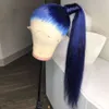 Longo cabelo reto sintético rendas dianteira peruca azul cor média pré-arrancada perucas sem glásas para mulheres negras