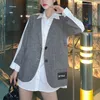 Peut-être U femmes chemise blanche gris Blazer Patchwork poche bouton col cranté Blazer surdimensionné printemps automne automne C0328 210529