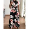 Femmes Summer Casual Manches courtes Robe longue Boho Floral Imprimer Slim Party Robe Turtleneck Sashes Robes Robes Plus Taille 5XL 210309