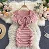 Women Korean Style Pink Bodycon Mini Dress Summer Sexy Lace-up Square Collar Short Sleeve Slim Folds Club Party Dresses Vestidos 210603