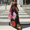 Kadınlar Zarif Tunik Yüksek Bel Elastik Şifon Çiçek Baskı Kapalı Omuz Maxi Elbise Bohemian Plaj Uzun Elbiseler Vestidos GL268 210806