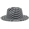 2022 Nieuwe Houndstooth met Black Bottom Wol Felt Jazz Fedora Hat Vrouwen Mannen Breed Brim Patchwork Panama Party Formal Hat Wedding Cap