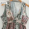 Zevity Women Vintage Koronki Agielskie V Neck Cloth Patchwork Print Casual Slim Sukienka Kobiet Rękaweres Vestido Sukienki Chic DS4503 210603