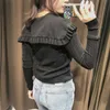 ZA Pointelle Knit Cardigan Sweater Mulheres Ruffle Manga Longa Botão de Jóias de Malha Top Feminino Chique Vintage Black Cardigans 210602