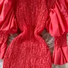 Fioletowy / Czerwony / Biały Syrenka Sukienka Kobiety Wiosna Lato Okrągły Neck Rękaw Puff Sleeve High Waist Bodycon Vestidos Kobiet Elegancka Robe 2021 Y0603