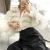 Bahar Kore Ruffles Bluz Kadın Moda Dönüş Yaka Uzun Kollu Gevşek Cupcake OL İş Gömlek Bayan Blusas Tops 13336 210527