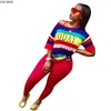 Autumn Sporting Women set Rainbow Striped Letter Print T-shirt Skinny Pencil Pants Suit Two Piece Set Elegant Tracksuit GL136 211105