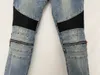 Luxury designer Mens jeans Long pants Skinny zipper Black blue knee Spell leather Destroy the quilt Ripped hole fashion jean Men D197p